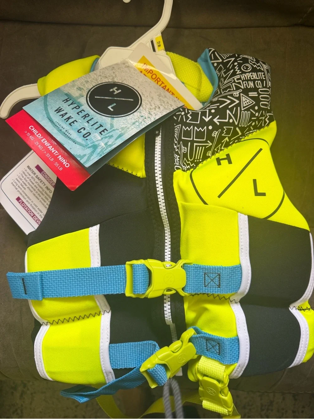 Hyperlite Kids Neon Yellow Life Vest with Blue Straps